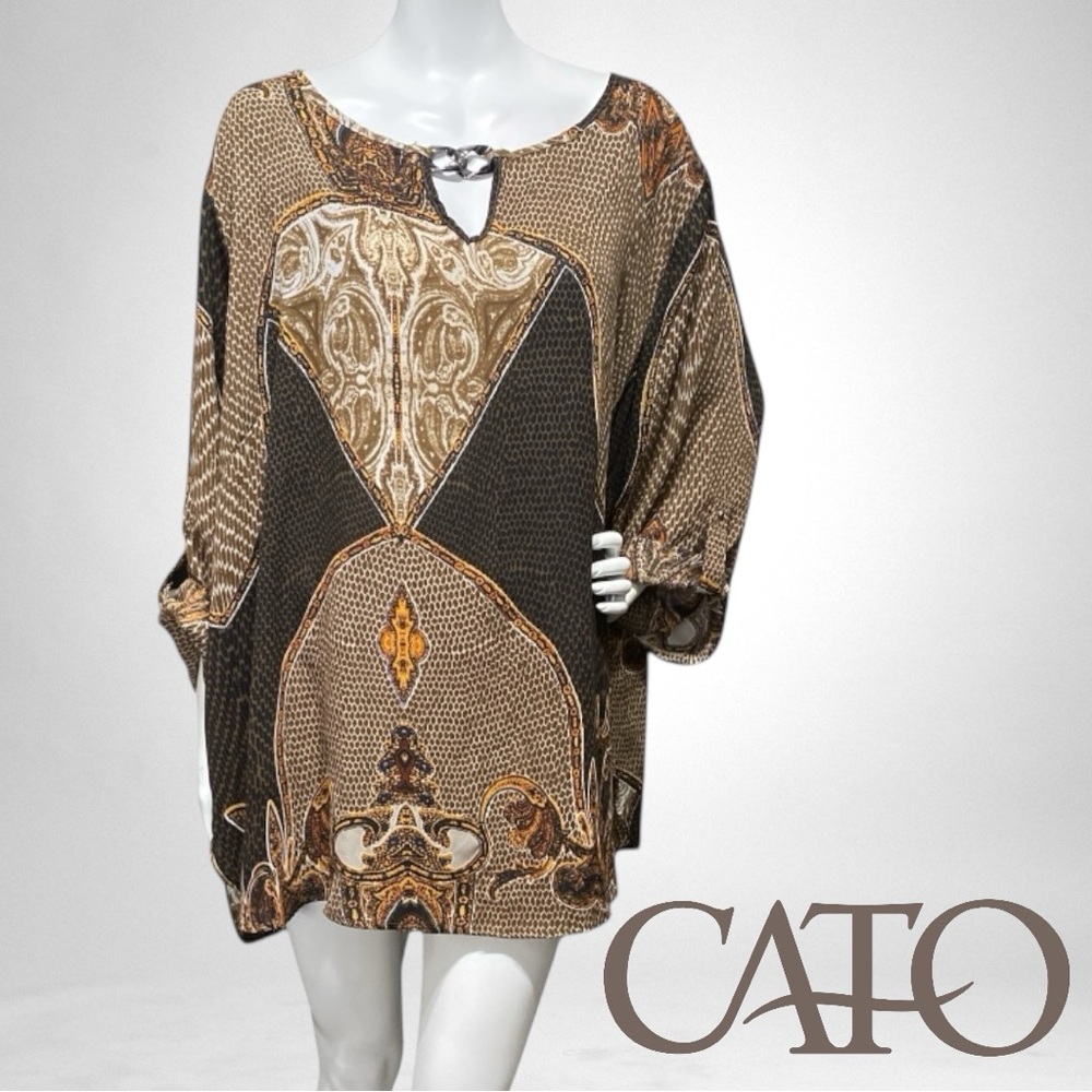 CATO Brown Paisley Print Tunic Pullover Blouse Flutter Dolman Sleeves Sz 26/28